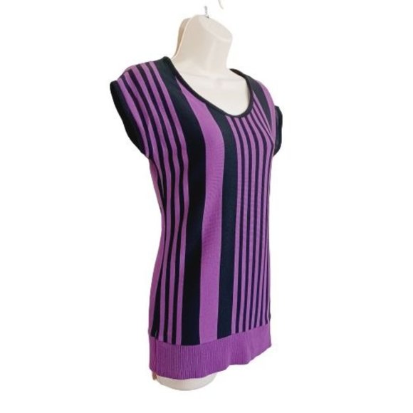 AB Studio Top Womens Large Black-Purple Sleeveless Knit Blouse Striped Crew Neck - Picture 2 of 11